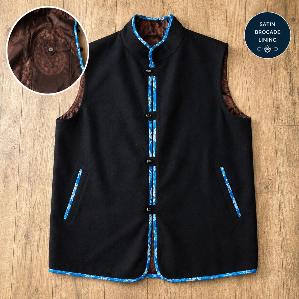 Black Mandarin Collar Vest Blue Brocade Trim Frog Closure Asian Inspired XL